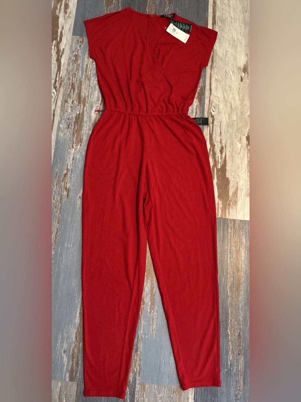 Lauren Ralph Lauren Womens Small Jumpsuit Red V-Neck Open Knit Tapered Zip NEW